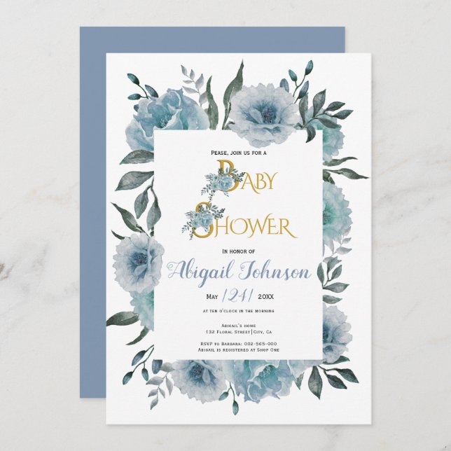 Dusty blue flowers baby shower for boys  invitation (Front/Back)
