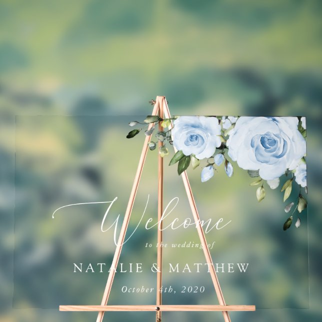 Dusty Blue Flowers, Boho, Wedding Welcome Acrylic Sign (Neutral)