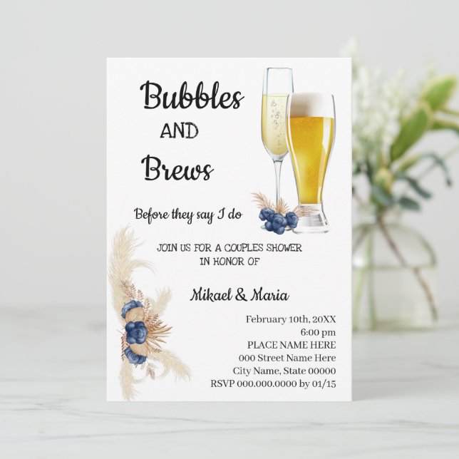 Dusty Blue Flowers Bubble & Brews Couples Shower Invitation (Standing Front)