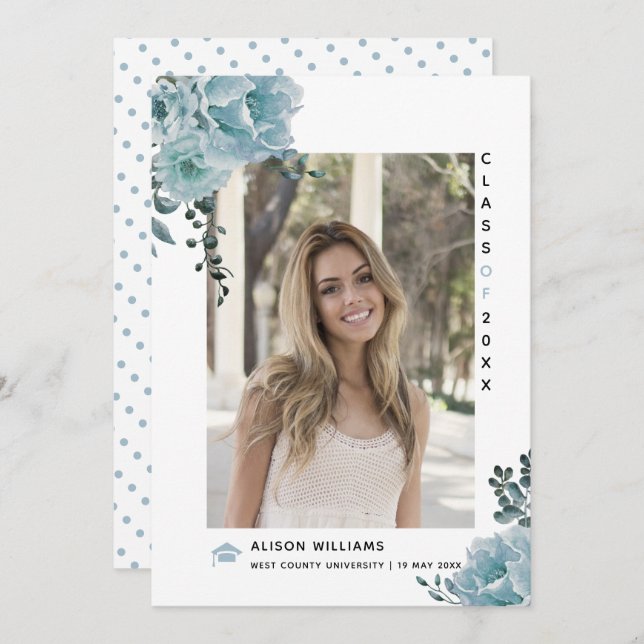 Dusty blue flowers Class of 2026 graduation photo Announcement (Front/Back)