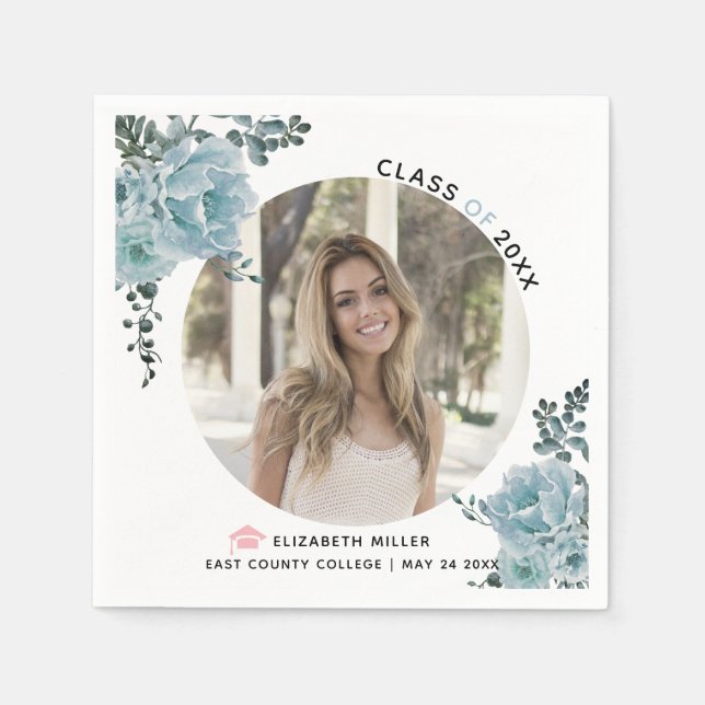 Dusty blue flowers Class of 2026 graduation photo Napkin (Front)