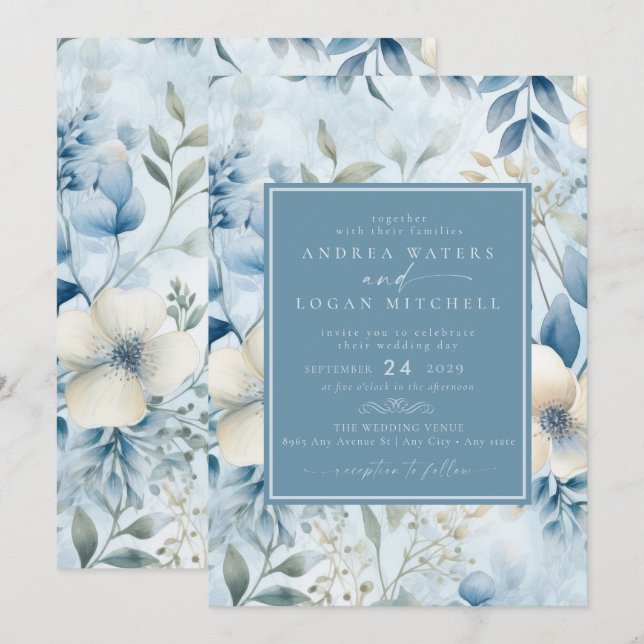 Dusty Blue Flowers | Elegant Garden Wedding Invitation (Front/Back)