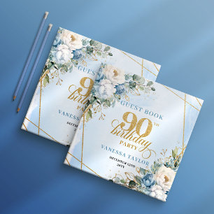 Dusty Blue Flowers Elegant Script 90th Birthday Guest Book