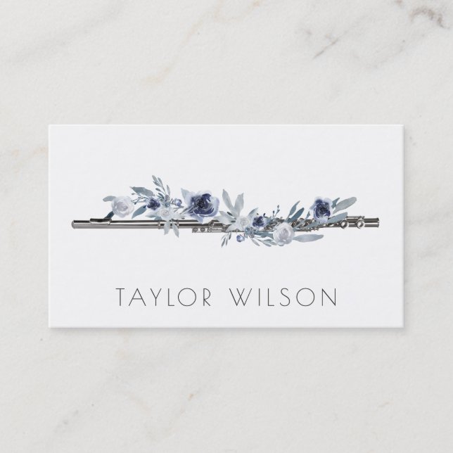 dusty blue flowers flute teacher business card (Front)