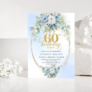 Dusty Blue Flowers Gold 60th Birthday Invitation