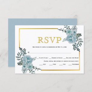 Dusty blue flowers, gold frame wedding RSVP card