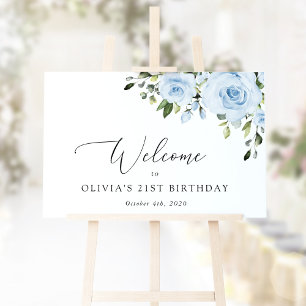 Dusty Blue Flowers, Greenery, Birthday Welcome Poster