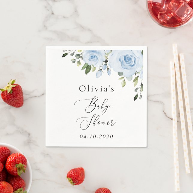 Dusty Blue Flowers, Greenery, Boho, Baby Shower Napkin (Insitu)