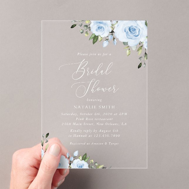 Dusty Blue Flowers, Greenery, Boho, Bridal Shower Acrylic Invitations (Insitu (Handheld))