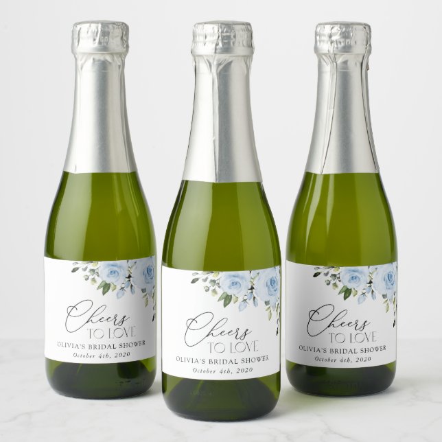 Dusty Blue Flowers, Greenery, Boho, Bridal Shower Sparkling Wine Label (Bottles)