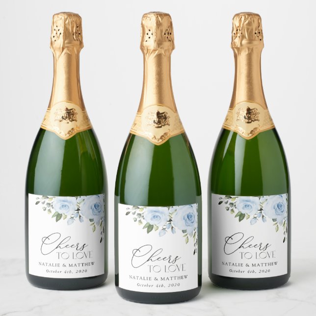 Dusty Blue Flowers, Greenery, Boho, Floral Wedding Sparkling Wine Label (Bottles)
