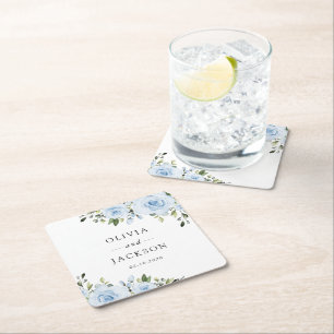Dusty Blue Flowers, Greenery, Boho, Floral Wedding Square Paper Coaster