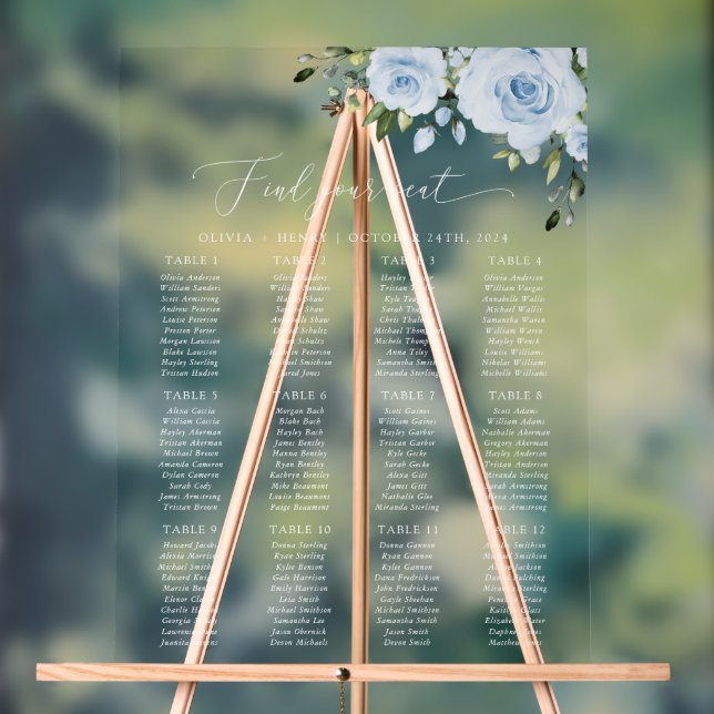 Dusty Blue Flowers, Greenery, Boho, Seating Chart (Neutral)