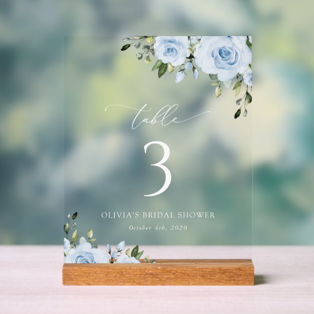 Dusty Blue Flowers, Greenery, Boho, Table Numbers Acrylic Sign (Neutral)