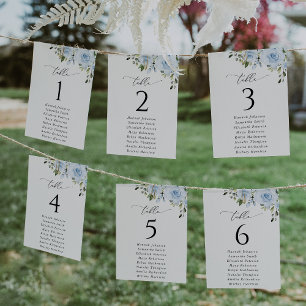 Dusty Blue Flowers, Greenery, Seating Chart Cards