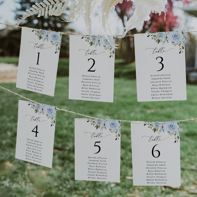 Dusty Blue Flowers, Greenery, Seating Chart Cards (Creator Uploaded)