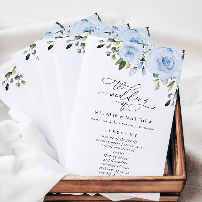 Dusty Blue Flowers, Greenery, Wedding Program (Creator Uploaded)