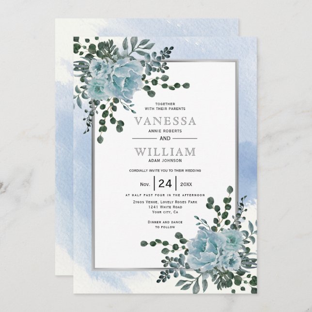 Dusty blue flowers, leaves floral winter wedding invitation (Front/Back)