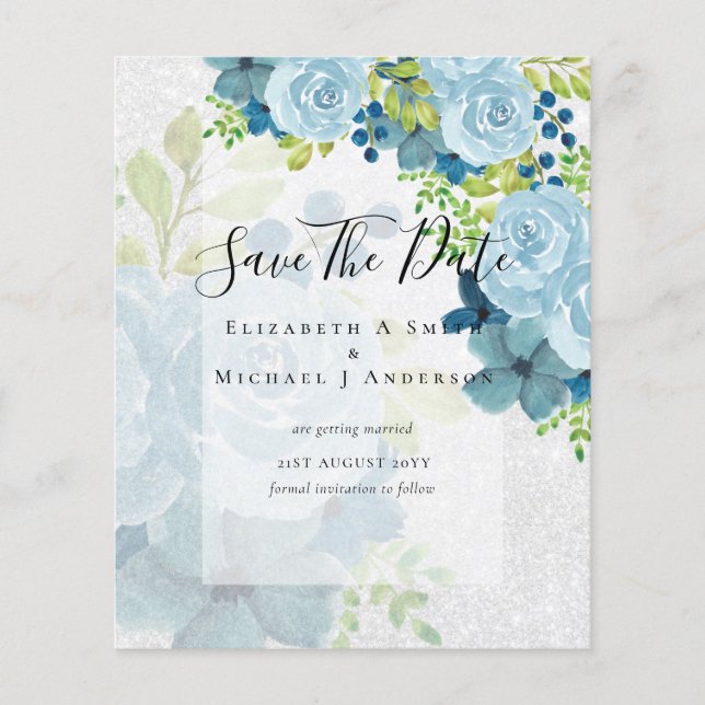 DUSTY BLUE FLOWERS SAVE DATES - BUDGET FLYER (Front)