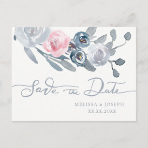 dusty blue flowers save the date announcement postcard