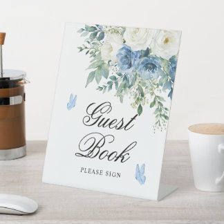 Dusty Blue Flowers Shower Guest Book Sign