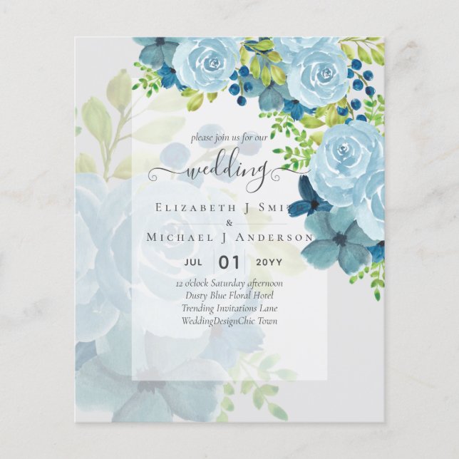 DUSTY BLUE FLOWERS WEDDING INVITES - BUDGET FLYER (Front)