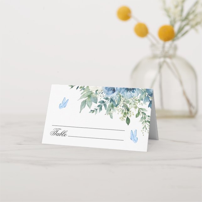 Dusty Blue Flowers Wedding  Place Card (Front)