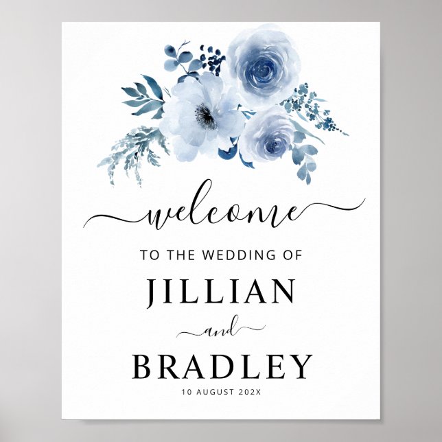 dusty blue flowers wedding welcome poster (Front)