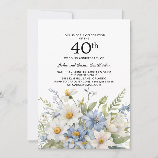 Dusty Blue Flowers White Daisies 40th Anniversary Invitation (Front)