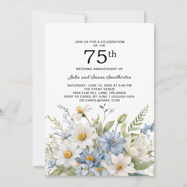 Dusty Blue Flowers White Daisies 75th Anniversary Invitation (Front)