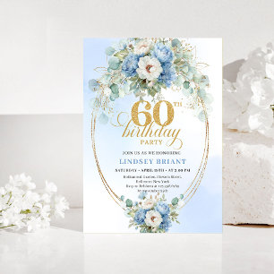 Dusty blue flowers white peony gold 60th birthday invitation