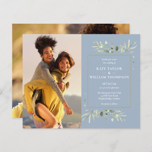Dusty Blue Foliage Budget Photo Wedding Invitation (Front/Back)
