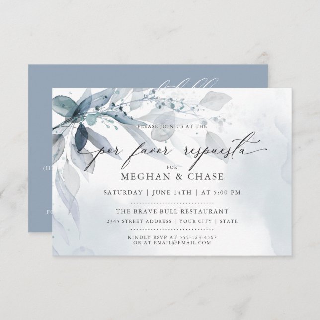 Dusty Blue Foliage CUSTOM2 RSVP DETAILS Invitation (Front/Back)