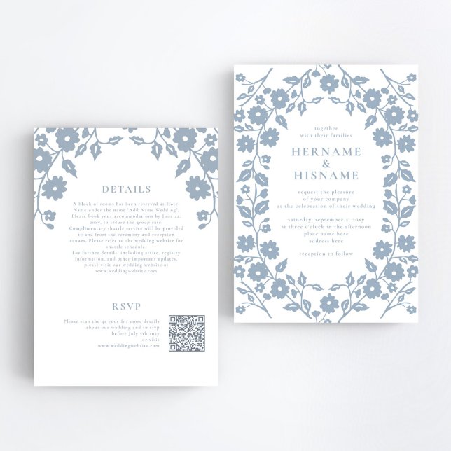 Dusty Blue Folk Floral QR RSVP All-In-One Wedding Invitation (Creator Uploaded)