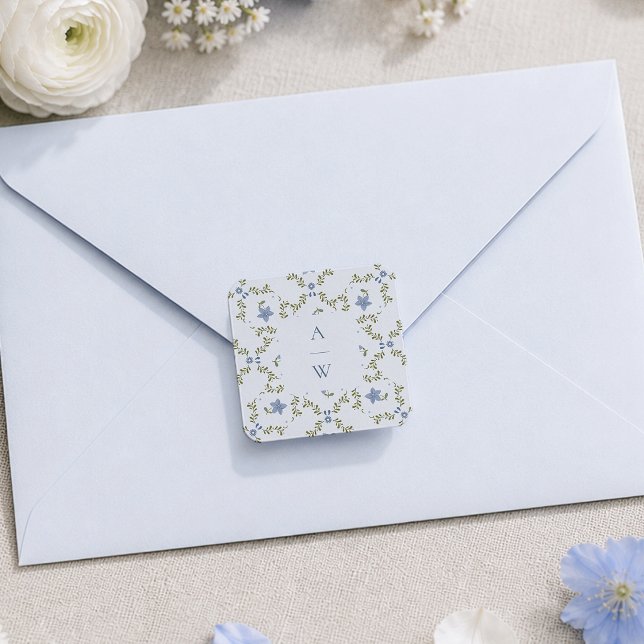 Dusty Blue Folk Floral Wedding Monogram Square Sticker (Creator Uploaded)