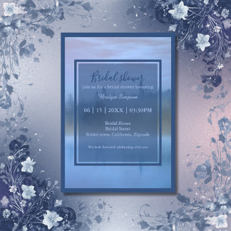 dusty blue forest landscape bridal shower invitation
