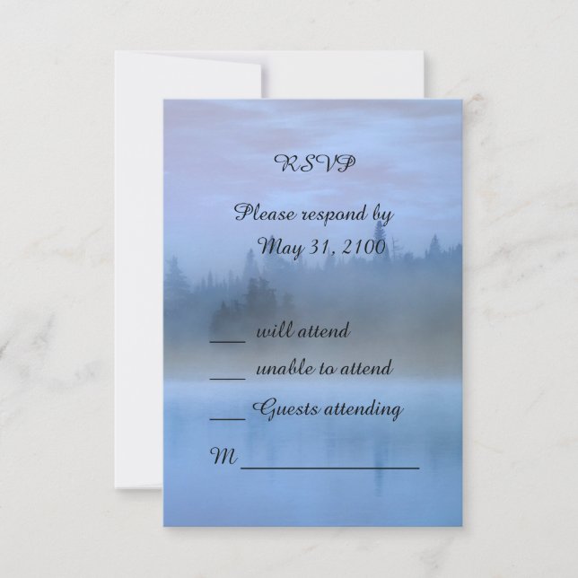 dusty blue forest landscape wedding RSVP card (Front)