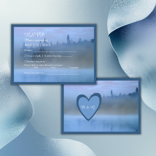 dusty blue forest landscape wedding RSVP card