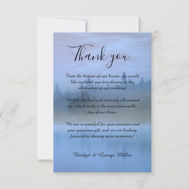 dusty blue forest landscape wedding thank you card (Front)