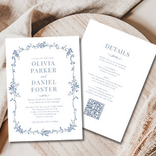 Dusty Blue French All in One Victorian Wedding  Invitation