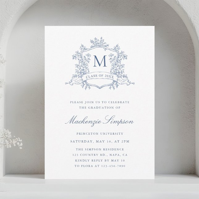 Dusty Blue French Crest Graduation Party  Invitation (Creator Uploaded)