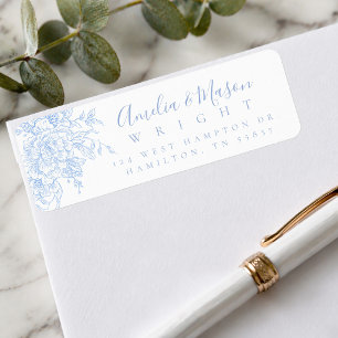 Dusty Blue French Floral Script Wedding Address 