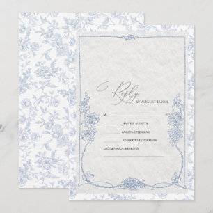 Dusty Blue French Floral Toile Wedding RSVP Invitation