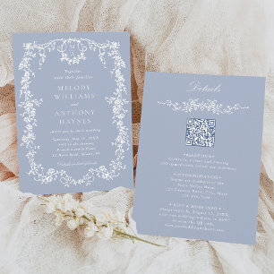 Dusty Blue French Floral Wedding All in One Invitation