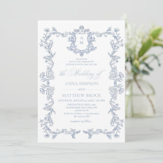 Dusty Blue French Floral Wedding  Invitation