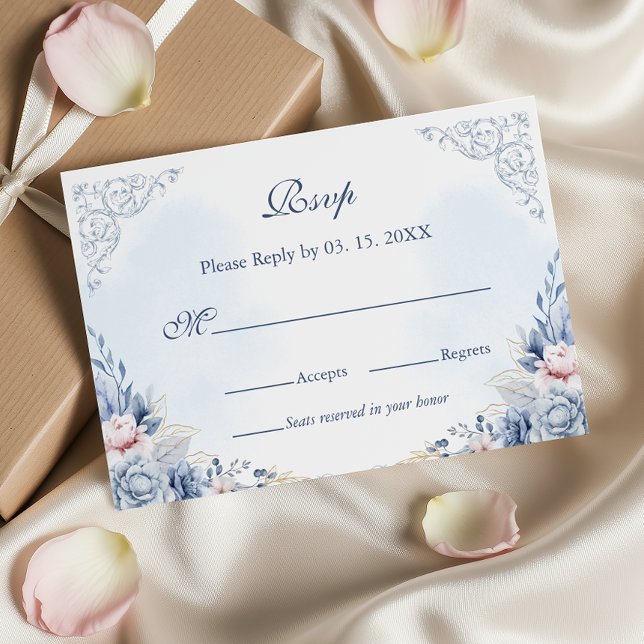 Dusty Blue French Garden Floral Wedding RSVP Card (Creator Uploaded)