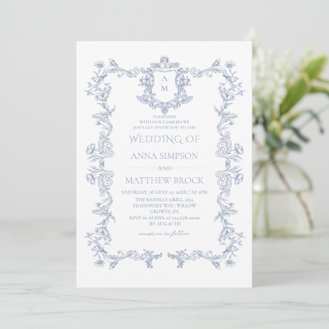 Dusty Blue French Ornate Wedding  Invitation (Standing Front)