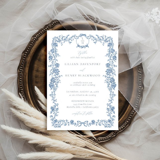 Dusty Blue French Toile Floral Bow Frame Wedding Invitation (dusty blue wedding invitation toile de jouy chinoiserie french vintage floral frame formal tradition)