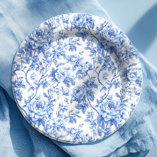 Dusty Blue French Toile Roses Floral Paper Plates