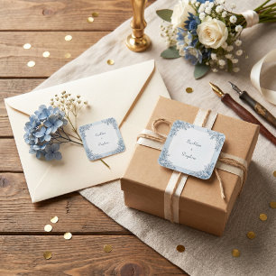Dusty Blue Frost Botanical Gold Frame Wedding Square Sticker